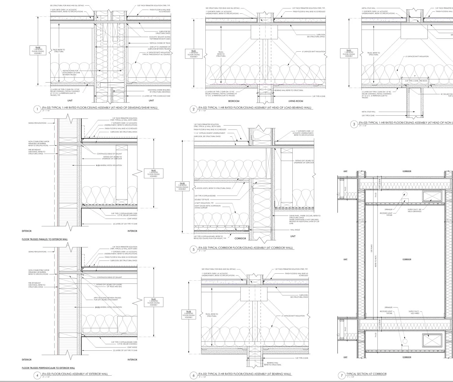 Assembly intersection details sheet - floor and ceiling assemblies meeting walls, the conditions a wall type schedule points to