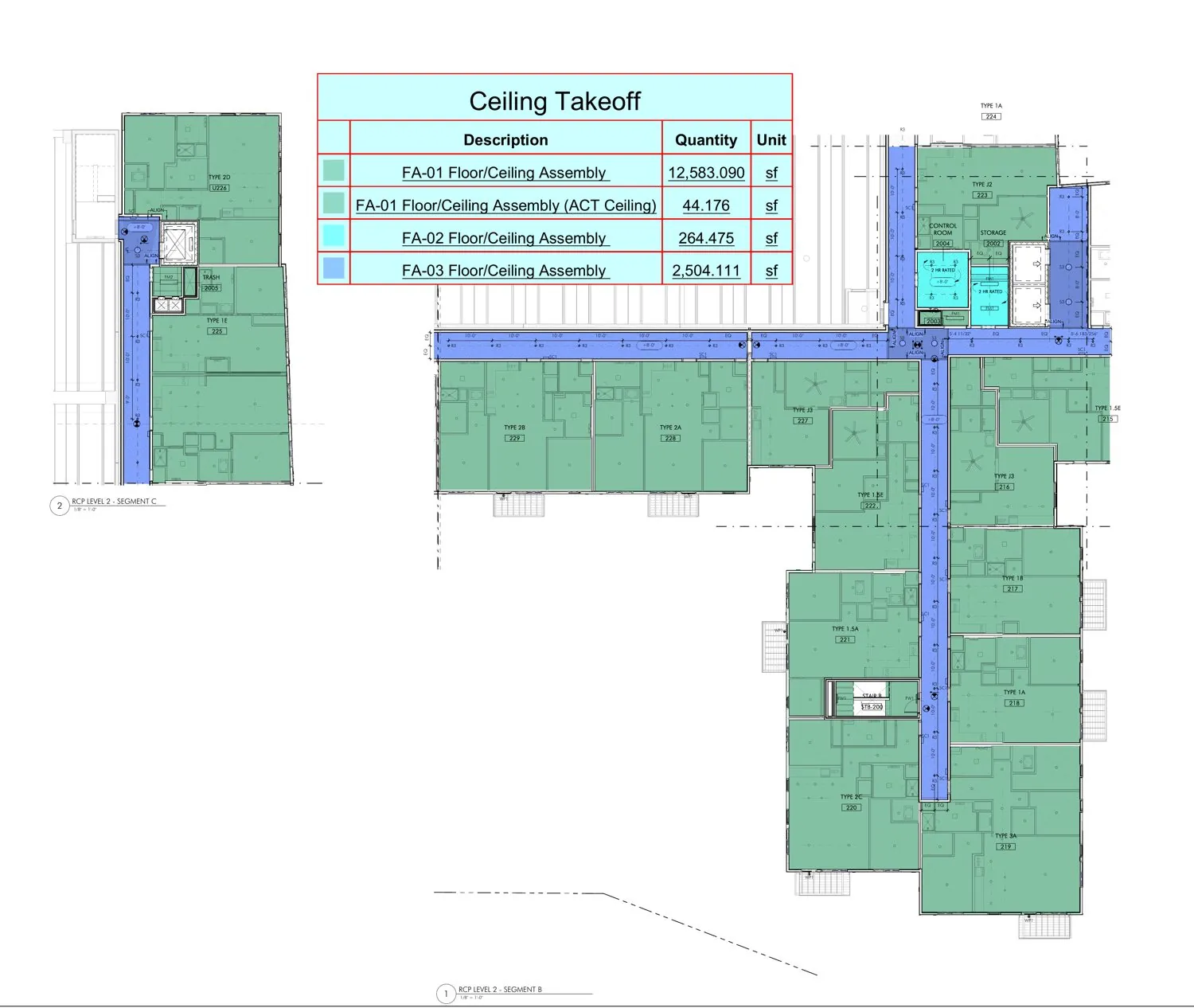 Real markup from a recent project: rated floor/ceiling assemblies traced per the RCP - corridors, units and AC