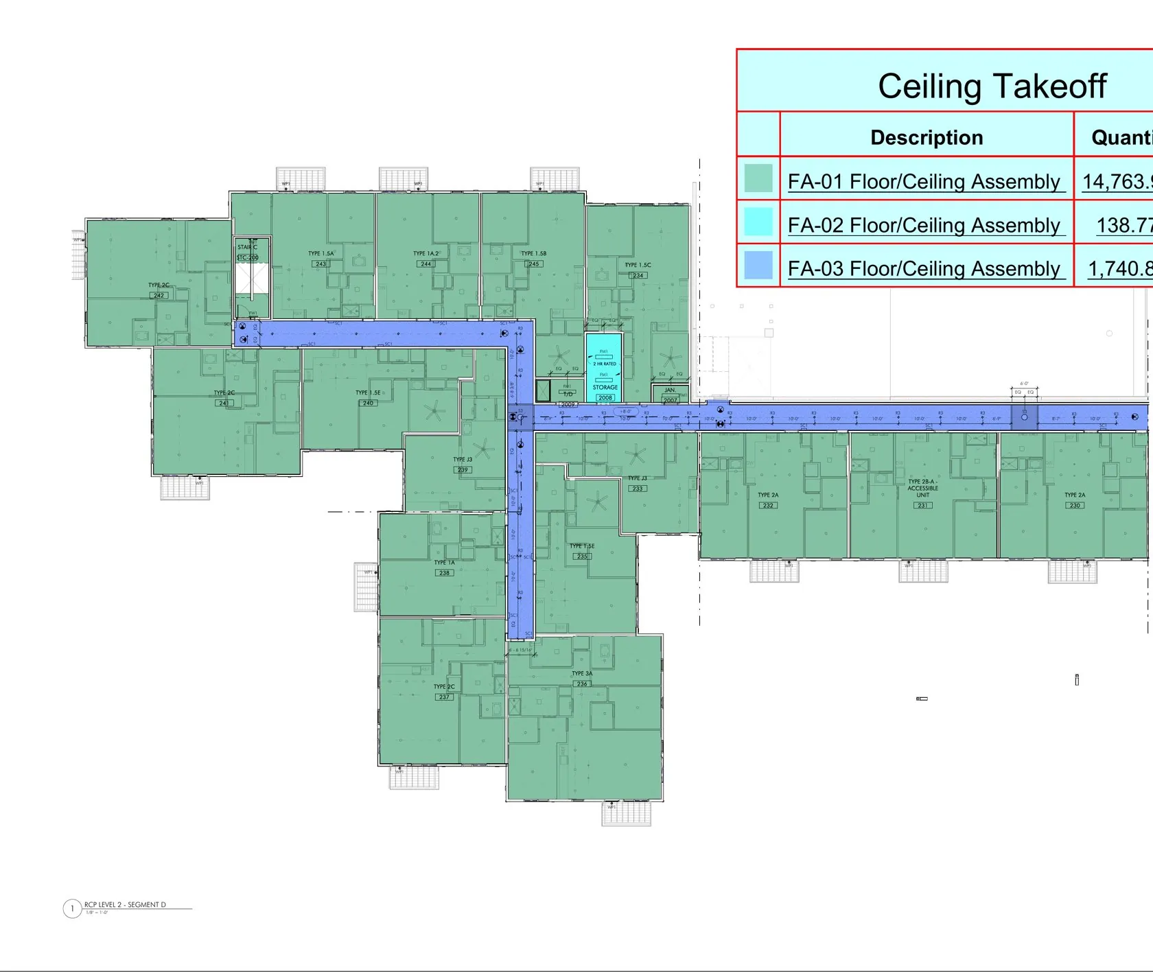 Multi-family reflected ceiling plan with color-coded rated floor and ceiling assemblies and quantity table