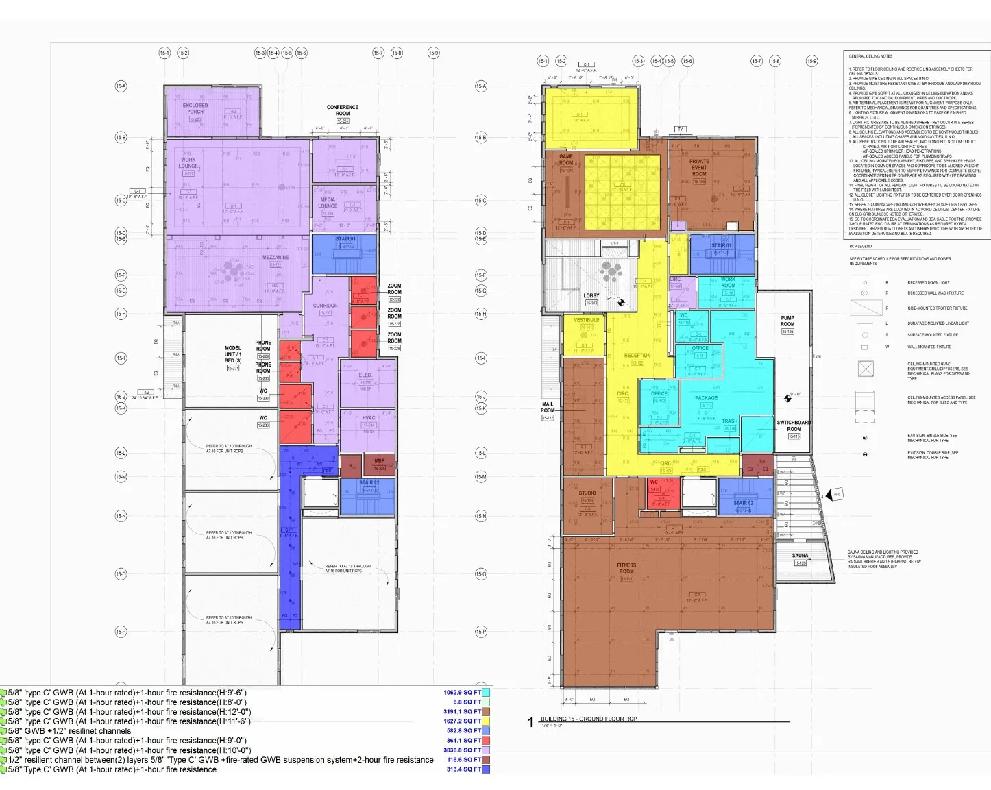 Reflected ceiling plan takeoff markup - GWB ceiling assemblies color-coded with square-foot quantities per fire rating