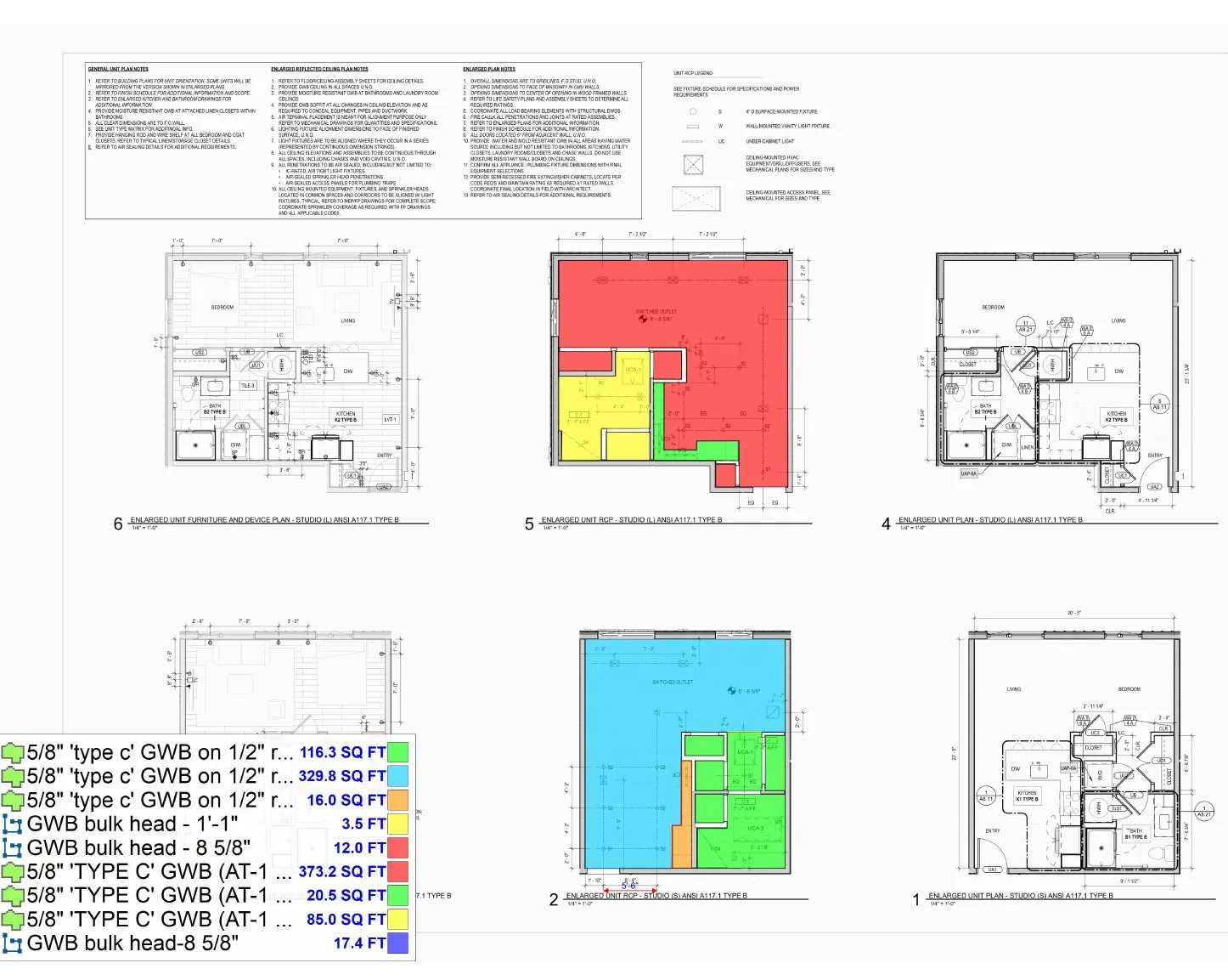 Enlarged unit plan ceiling takeoff markups - studio units with Type C GWB on resilient channel quantities