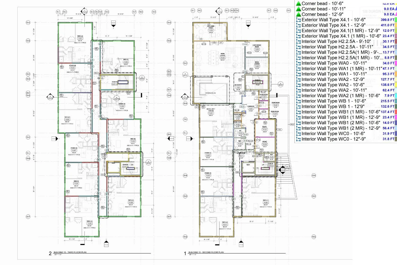 Wall type takeoff markup - exterior and interior wall types measured by linear foot with corner bead counts