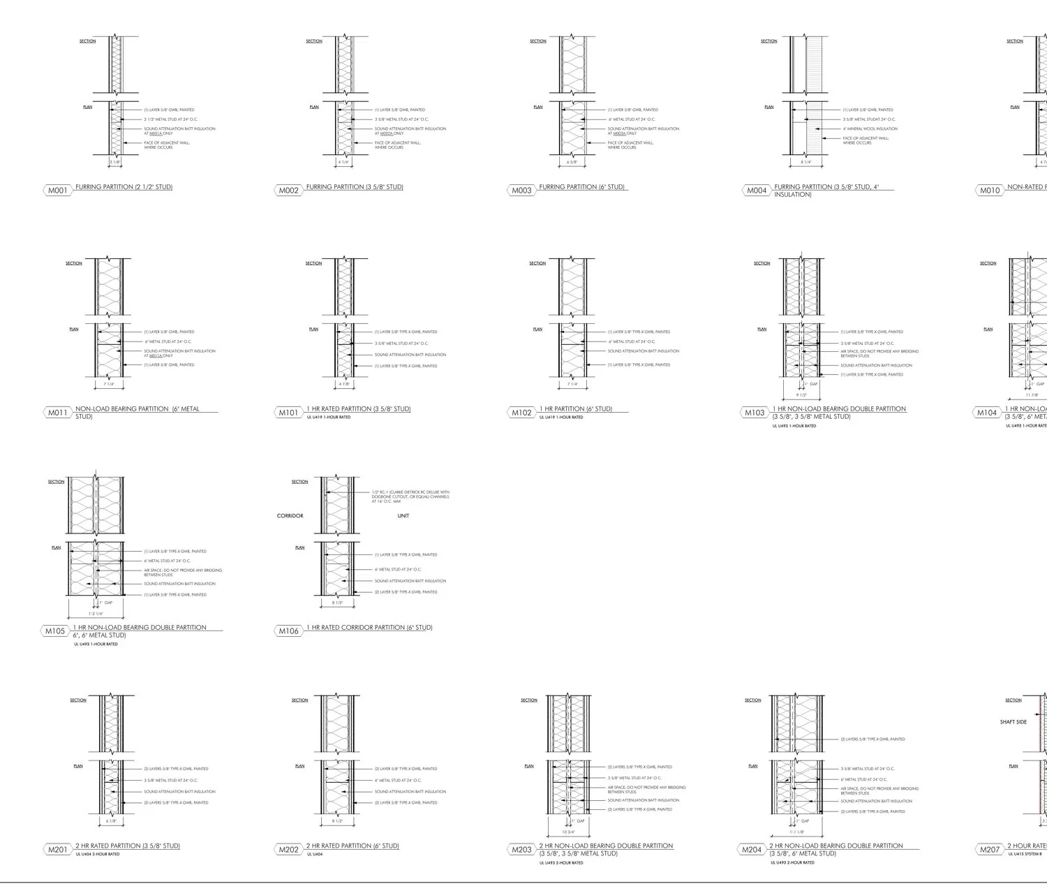 Real partition types from a live set: 1 and 2-hour rated assemblies with UL listings called out - the head-of-