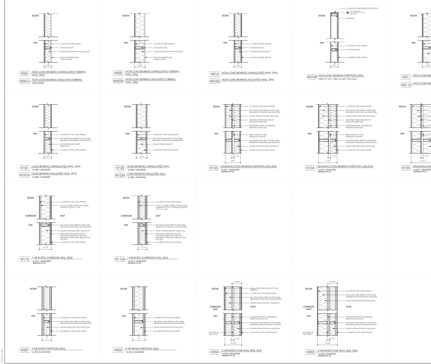 Real partition-type sheet from a live project: 2-hour rated stair and shaft walls, demising partitions and dra