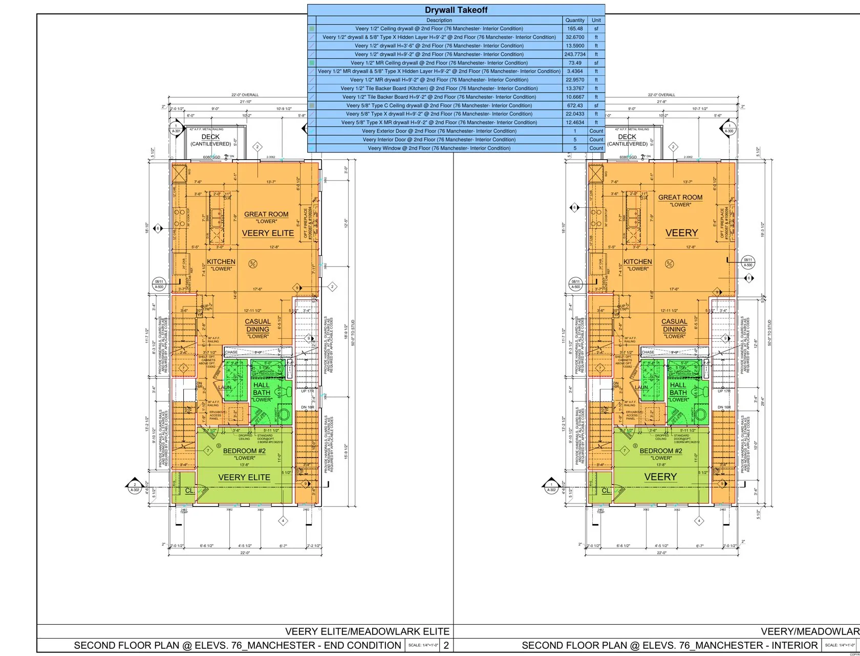 Room-by-room drywall takeoff on Toll Brothers townhome unit plans with quantity table