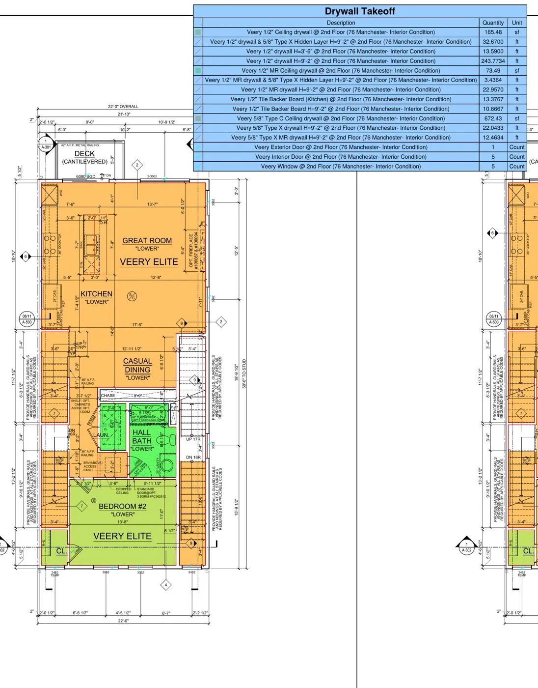 Room-by-room drywall takeoff markup on a Toll Brothers townhome unit plan - ceiling drywall, Type X layers, MR board and tile backer quantified per plan